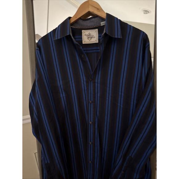 Age Of Wisdom Mens Blue and Black Striped Button Up Shirt Large - Picture 2 of 9